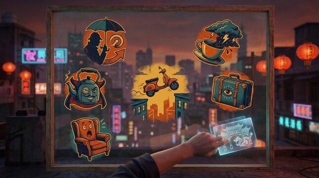 Urban travel and city exploration concept, hand placing holographic card with icons of scooter and traditional gate, city lifestyle, cultural tourism, digital travel guide, navigation