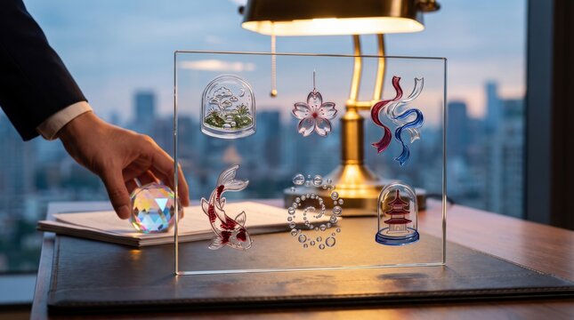 Zen culture and mindfulness concept, businessman placing crystal ball near icons of koi fish and pagoda, luxury office aesthetics, Asian tradition, peaceful workspace, mental wellness