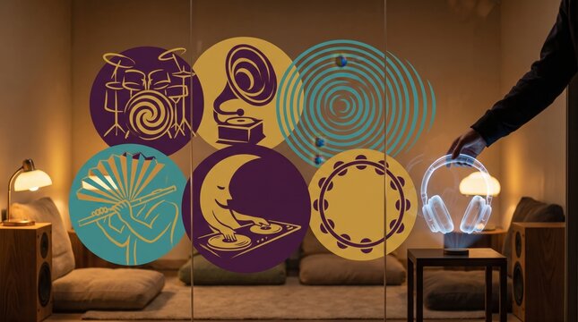 Music technology and digital audio concept, hand interacting with icons of drums, gramophone, sound waves, flute, DJ turntable and tambourine, audio streaming, sound library, media player
