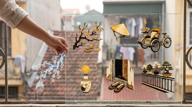 Asian cultural heritage and tradition concept, hand placing blossom icons, interacting with icons of conical hat, rickshaw, vase, traditional shoes and bonsai, travel, cultural identity