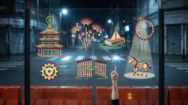 Creative craft and celebration concept, hand placing sparkler, interacting with icons of pagoda, fireworks, boat, sun, gear, fence and horse made of matchsticks, handicraft, innovation