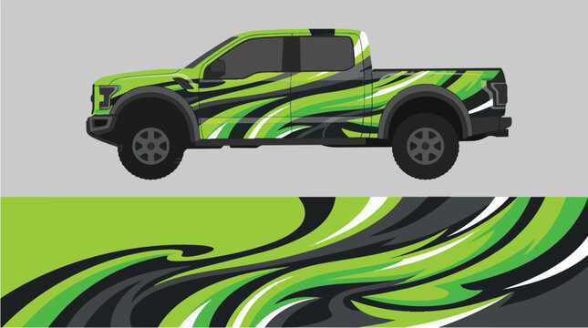 Car Wrap Design with Dynamic Zebra Stripes in Green Black and White