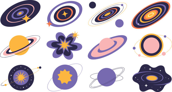 Set of flat vector illustrations featuring colorful planets stars and abstract galaxy shapes for space design