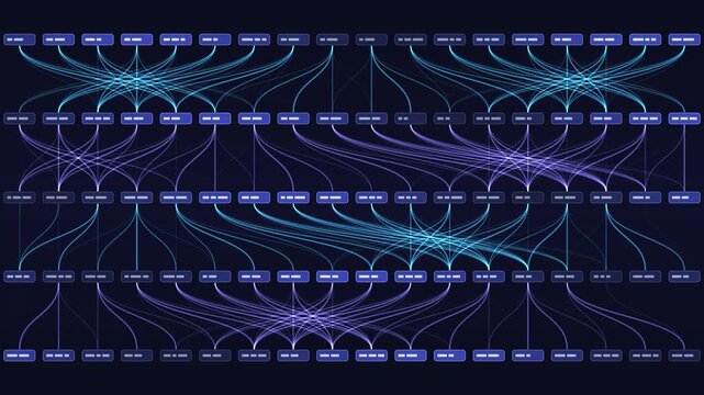 AI attention visualization with token rows linked by glowing arcs of shifting weights