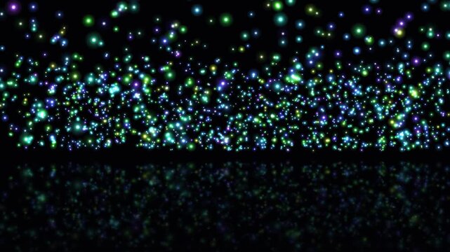 Infinity mirror room with countless tiny lights at every depth reflected in a dark floor