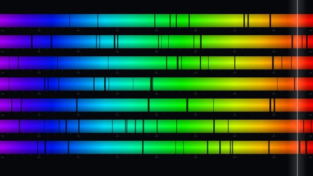Stacked spectral lines with dark absorption bands drifting and a cursor reading them