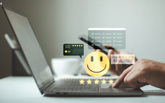 Online customer satisfaction survey with five star rating, happy feedback icon, and laptop user completing a digital review, representing client experience, service quality, and business feedback.
