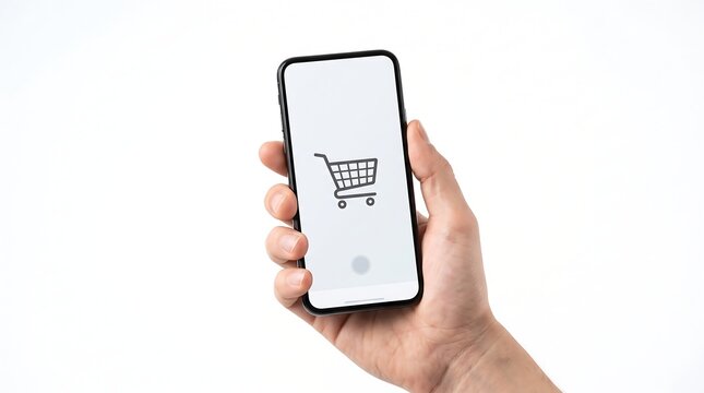 Shopping cart icon displayed on smartphone screen held by hand