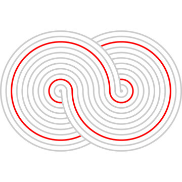 Grey and red horizontal infinity spiral line loop isolated on transparent background for corporate synergy icon and presentation