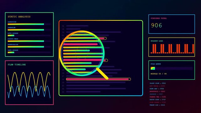 Vulnerability scanning visualization displays digital code analysis progress in a glowing multi screen interface showing lines of software data processing in a dark neon virtual environment