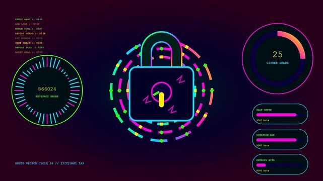 Vulnerability scanning sequence displayed on a dark interface featuring neon circular gauges and rotating padlock icons that change state to show digital security assessment levels