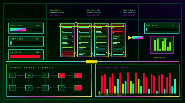 A digital vulnerability scanning dashboard interface displays rapid data fluctuations and server performance metrics during a routine security observation session on a glowing neon screen monitor