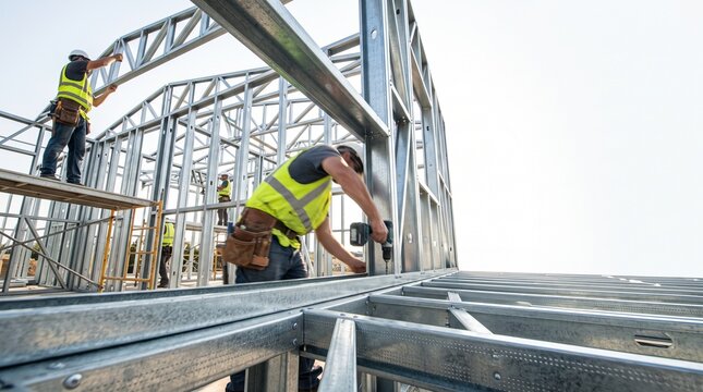 Construction Workers Assembling LSF Light Steel Frame House. Sustainable Building Concept Banner with Copy Space