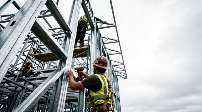 Construction Workers Assembling LSF Light Steel Frame House. Sustainable Building Concept Banner with Copy Space