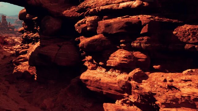 Large red rocks are seen forming a natural arch under a clear sky. The ground is dry with patches of sand and plants in the distant background. Light illuminates the scene.