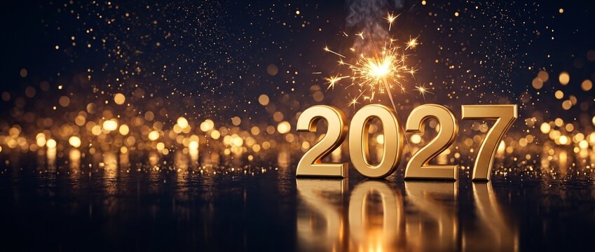 N&uacute;meros dorados 2027 con bengala encendida y chispas sobre fondo oscuro con luces bokeh doradas, concepto de celebraci&oacute;n de A&ntilde;o Nuevo, Nochevieja, felicitaci&oacute;n y comienzo de un nuevo a&ntilde;o
