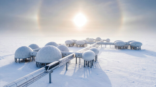Futuristic arctic settlement of white pod domes connected by monorail on snowfield under sun halo