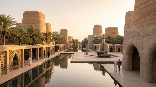 Desert oasis town with rammed earth towers, arched colonnade, reflecting pool and palms