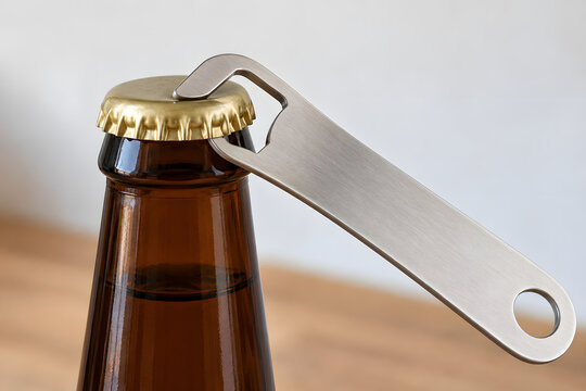Metal Bottle Opener Engaged with a Crown Cap on a Brown Glass Bottle