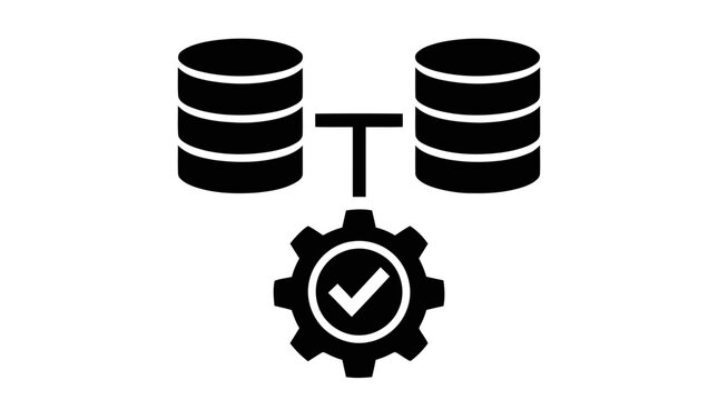 Vector illustration of database synchronization icon with checkmark gear for data management on a transparent background