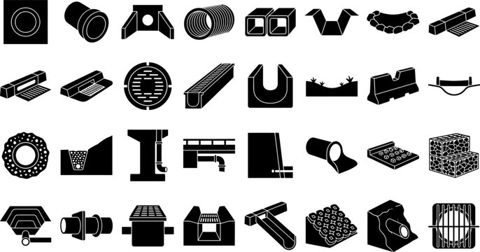 Drainage system and stormwater management infrastructure icons set, including culverts, pipes, catch basins, gutters, and manhole covers