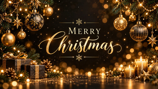 Fond noir luxueux avec texte &laquo; Merry Christmas &raquo; dor&eacute;, ornements noirs et ruban festif