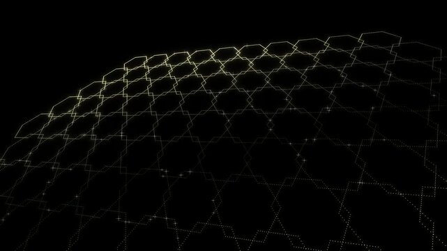 Luxury Hexagonal Honeycomb Quantum Grid with Glowing Golden Circuit, advanced clean energy technology keynote background.