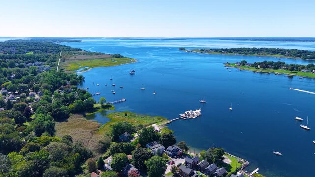 Barrington River aerial view at its mouth, where the river meets to Narragansett Bay, town of Warren on the left and Barrington on the right, Rhode Island RI, USA. 