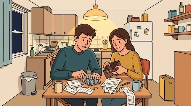 Worried young couple calculating bills with calculator and empty wallet at kitchen table late at night flat vector illustration