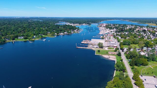Barrington River aerial view with Warren yacht club and Barrington Yacht Club, town of Barrington on the left, and Warren on the right, Rhode Island RI, USA. 