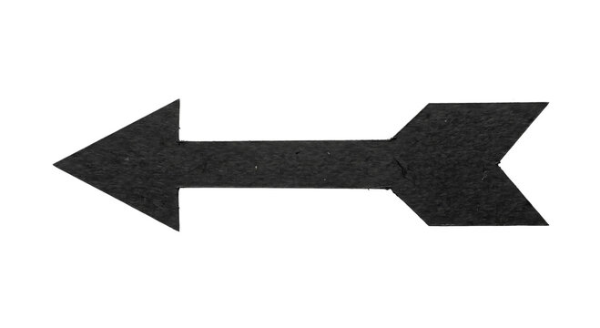 Rough black left-pointing arrow cutout with a broad split tail on a solid dark background