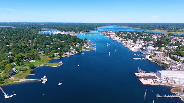 Barrington River aerial view with Warren yacht club and Barrington Yacht Club, town of Barrington on the left, and Warren on the right, Rhode Island RI, USA. 
