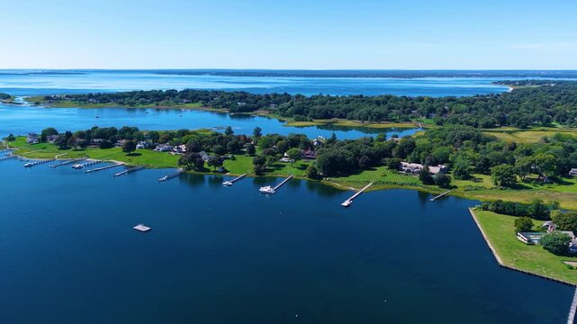 Barrington River aerial view with Warren yacht club and Barrington Yacht Club, town of Barrington on the left, and Warren on the right, Rhode Island RI, USA. 