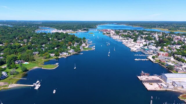 Barrington River aerial view with Warren yacht club and Barrington Yacht Club, town of Barrington on the left, and Warren on the right, Rhode Island RI, USA. 