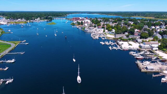 Barrington River aerial view with Warren yacht club and Barrington Yacht Club, town of Barrington on the left, and Warren on the right, Rhode Island RI, USA. 