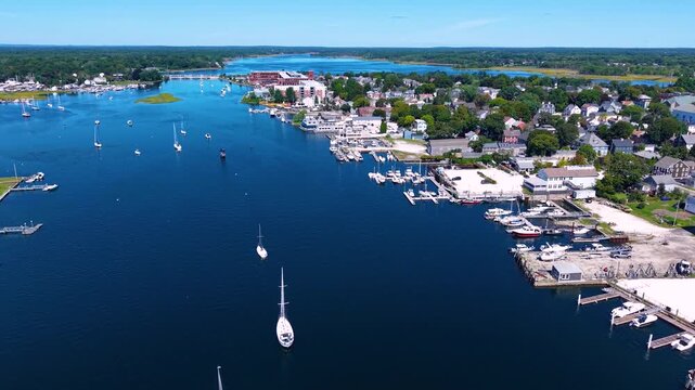 Barrington River aerial view with Warren yacht club and Barrington Yacht Club, town of Barrington on the left, and Warren on the right, Rhode Island RI, USA. 