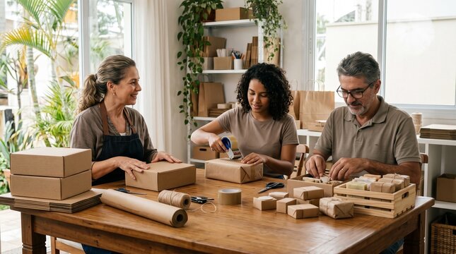 Diverse team of three people packing handmade soaps and products for shipping in a bright workshop