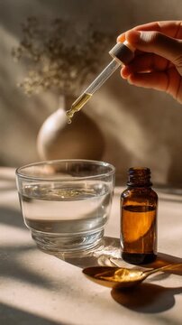 Elegant vitamin D3 supplement scene with dropper, amber bottle, and glass of water in soft sunlight, evoking purity, wellness, and a modern healthy lifestyle