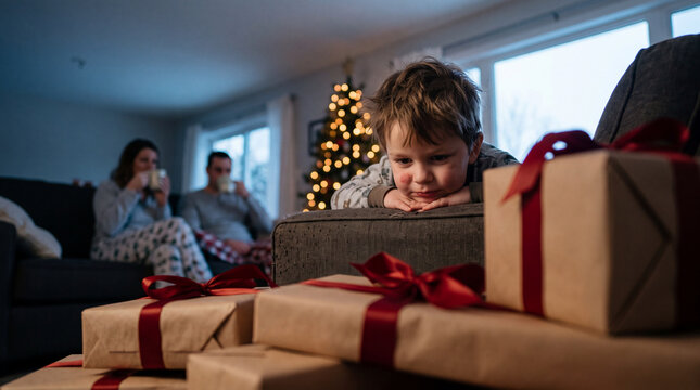 Little boy impatiently waiting to open Christmas presents on Christmas morning