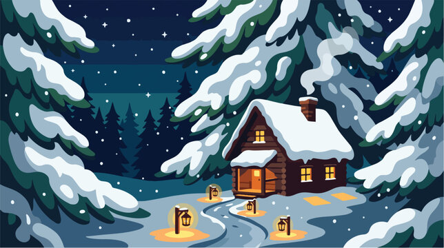 Winter wooden cabin in snowy forest landscape with glowing lanterns and starry night sky vector illustration