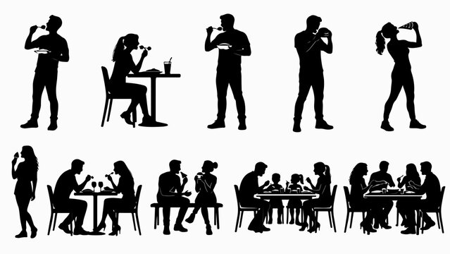 Collezione di silhouette di persone che mangiano da sole e in gruppo. Generative AI 