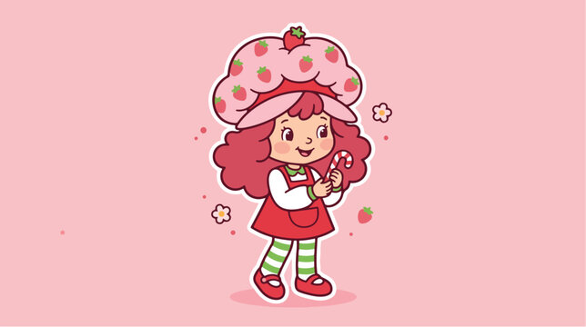 Cute retro strawberry girl holding candy cane in sweet pink vector graphic illustration design