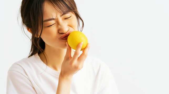 レモンを手にして酸っぱい表情（変顔・ウインク）をする若い日本人女性（白背景）
