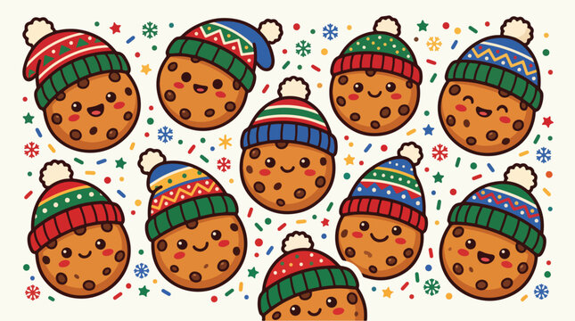 Christmas cookies vector pattern illustration with cute happy chocolate chip characters wearing winter hats