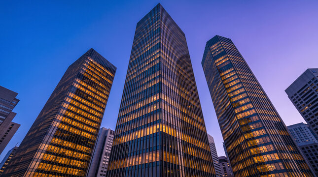 Imposing office towers converging upward in low angle view with lit windows at twilight