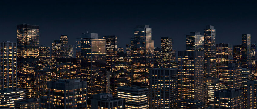 Bustling downtown skyline at night with thousands of lit office windows across dark metropolis