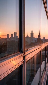 Weathered window frames reflecting city silhouette at sunset from high floor office interior