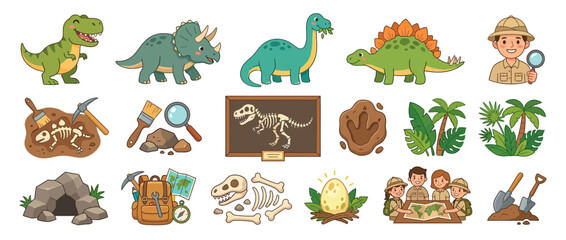 Cartoon Dinosaur and Paleontology Icons Set © Roij