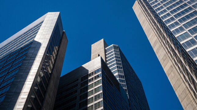 Soaring concrete and glass towers converging toward deep blue sky in dramatic upward perspective