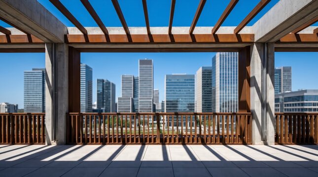 Spacious terrace with timber pergola casting rhythmic shadows and framing modern office towers